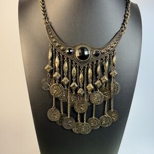 Bohemian Coin Statement Necklace Antiqued Gold Tone Black Gemstone Choker
